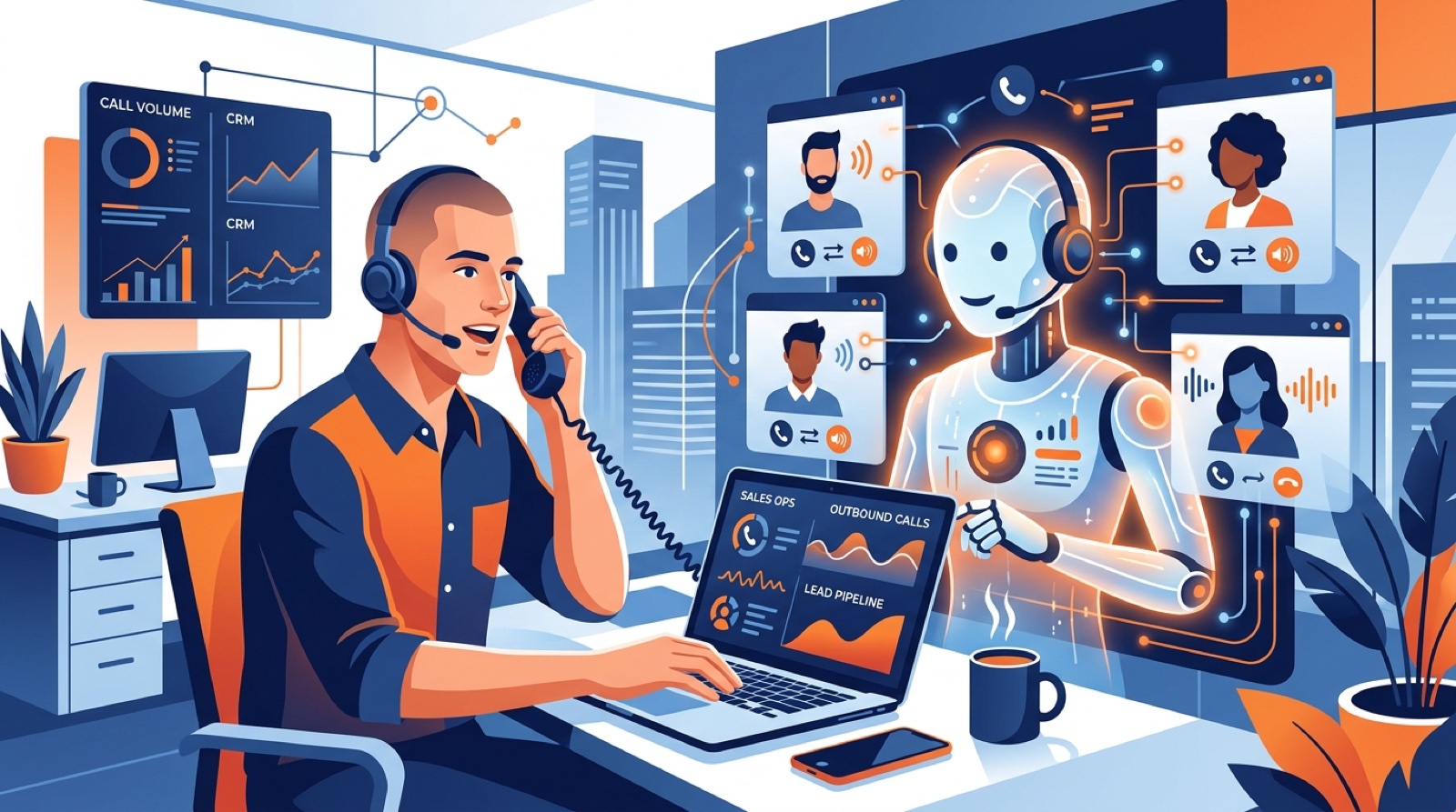 Hero: AI cold calling dashboard with live call activity and conversion metrics