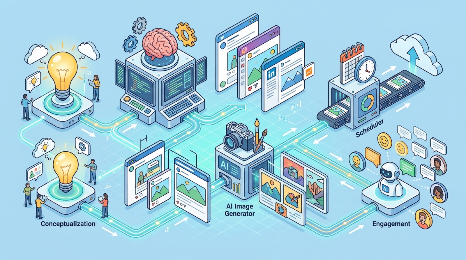 Hero: AI social media dashboard showing scheduled posts across LinkedIn, X, Instagram, and TikTok