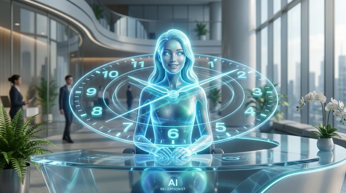 24/7 AI receptionist: a glowing phone on a desk at 2 AM with an AI agent answering the call