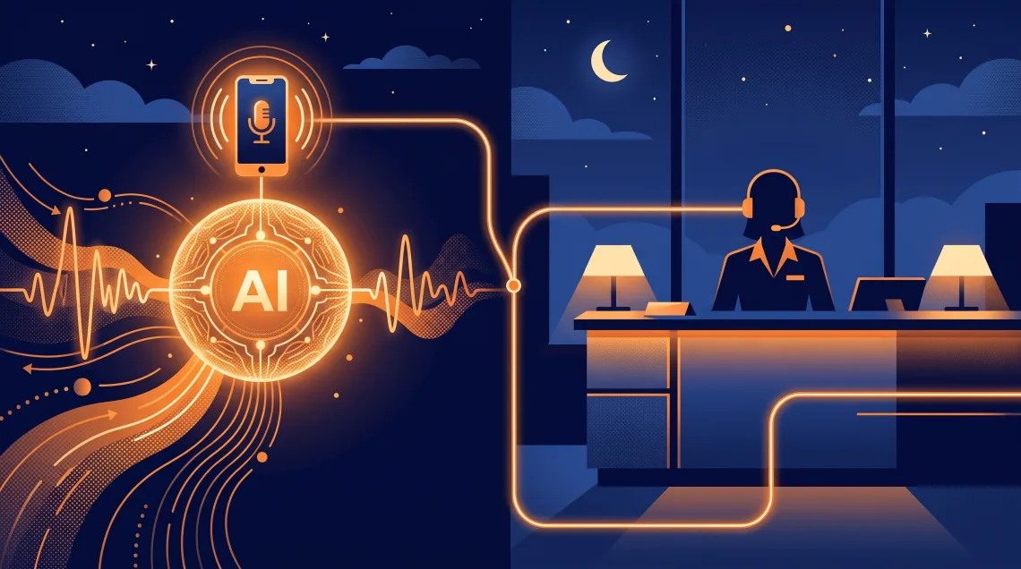 Split scene: an AI voice agent and a human receptionist answering the same phone line