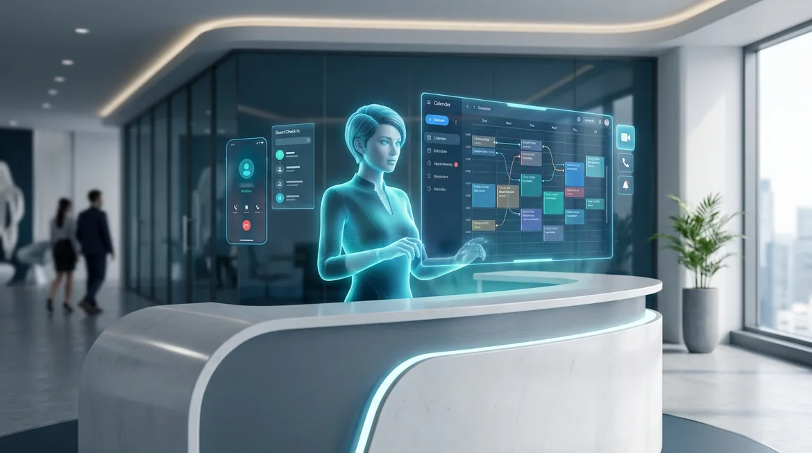A laptop showing an AI virtual receptionist dashboard with live calls in progress